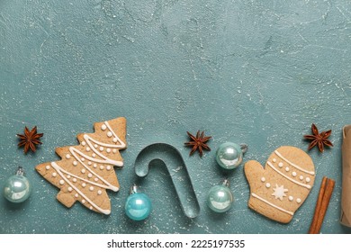 Composition with tasty Christmas cookies, cutter and balls on color background - Powered by Shutterstock