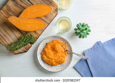 Composition With Tasty Mashed Sweet Potato On Table, Top View