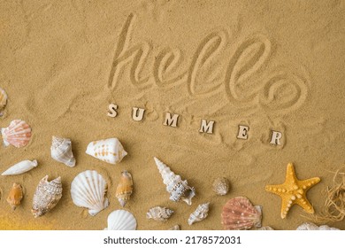 Composition with text HELLO SUMMER seashells, pebbles, mockup on sand background. Blank, top view, still life, flat lay. Sea vacation travel concept tourism and resorts. Summer holidays - Powered by Shutterstock