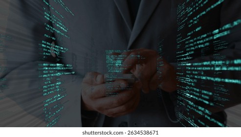 Composition of text with network of connections over data processing on black background. Global business digital interface technology and networking concept digitally generated image.