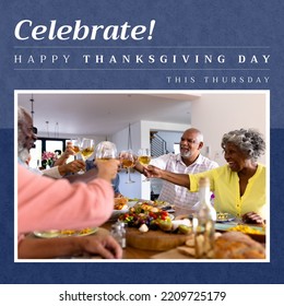 Composition Of Thanksgiving Day Text Over African American Family Having Dinner. Thanksgiving Day And Celebration Concept Digitally Generated Image.