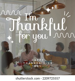 Composition Of Thanksgiving Day Text Over African American Family Having Dinner. Thanksgiving Day And Celebration Concept Digitally Generated Image.