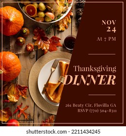 Composition of thanksgiving dinner text over dinner. Thanksgiving day and celebration concept digitally generated image. - Powered by Shutterstock