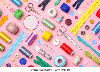 Composition With Threads And Sewing Accessories On Color Background, Flat Lay