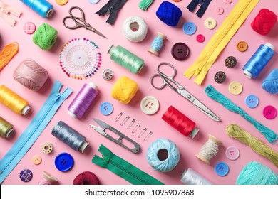 Composition With Threads And Sewing Accessories On Color Background, Flat Lay