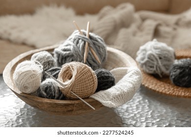 Composition with threads, yarn for knitting close-up.