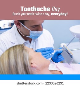 Composition of toothache day text and caucasian male dentist with female patient. Toothache day oral hygiene and dentistry concept digitally generated image. - Powered by Shutterstock