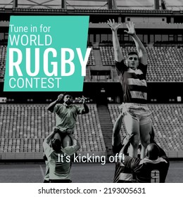 Composition of tune it for world rugby contest text over diverse rugby players. World rugby contest and sport concept digitally generated image. - Powered by Shutterstock