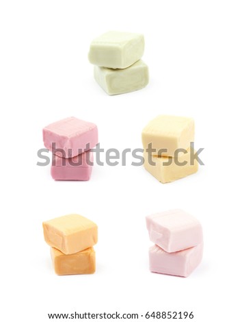 Composition of two chewing cuboid-shaped candy gums isolated over the white background, set of five different foreshortenings