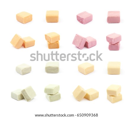 Composition of two chewing cuboid-shaped candy gums isolated over the white background, set of four different foreshortenings in different color variations
