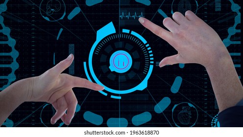 Composition of two hands touching virtual screen with scope scanning and data processing. global connections, data processing and technology concept digitally generated image.