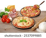 A composition of two just cooked pizze on a wooden board with some ingredients for pizza preparation isolated on white, accurate clipping path embedded.