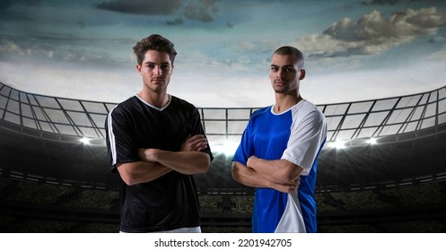 Composition of two male football players crossing arms over sports stadium. sport and competition concept digitally generated image. - Powered by Shutterstock
