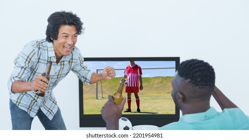 Composition Of Two Male Sports Fans Watching Football Match On Tv. Sport And Competition Concept Digitally Generated Image.