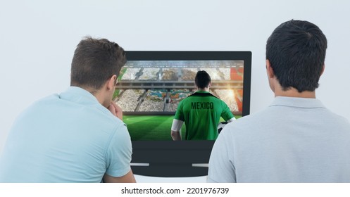 Composition Of Two Male Sports Fans Watching Football Match On Tv. Sport And Competition Concept Digitally Generated Image.