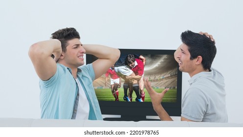 Composition Of Two Male Sports Fans Watching Rugby Match On Tv. Sport And Competition Concept Digitally Generated Image.