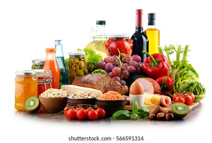 Composition with variety of organic food products isolated on white