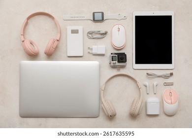 Composition with various gadgets on light background
