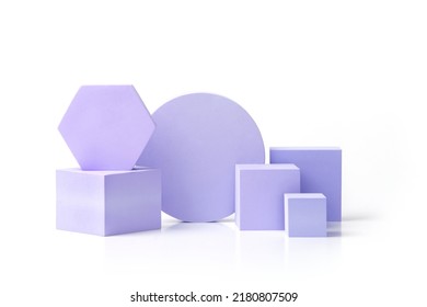 A composition of various geometric shapes. Purple shapes of different sizes, cube, circle, hexagon on an isolated background. A set of pedestals