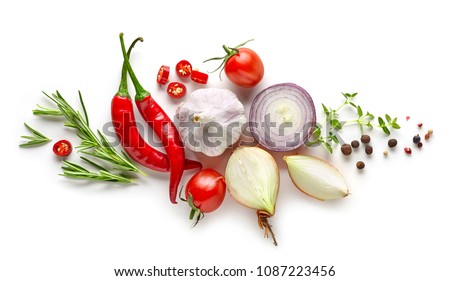 composition of various herbs and spices isolated on white background, top view