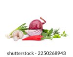 Composition of various herbs and spices vegetables rosemary pepper onion, garlic, fresh red chili, and garden mix for healthy food. isolated on white background, top view