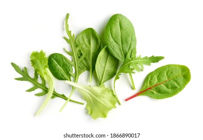 Composition Of Various Salat Leaves Isolated On White Background, Top View