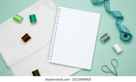 Composition with various threads and sewing accessories on green background. Mock up notebook