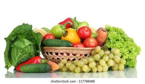 Composition with vegetables and fruits in wicker basket isolated on white - Shutterstock ID 117788488