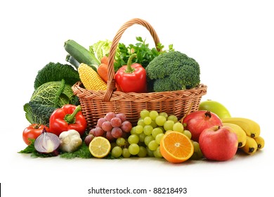 Composition with vegetables and fruits in wicker basket isolated on white - Shutterstock ID 88218493
