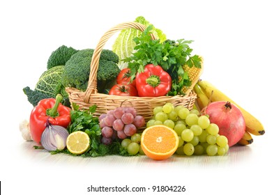 Composition with vegetables and fruits in wicker basket isolated on white - Shutterstock ID 91804226