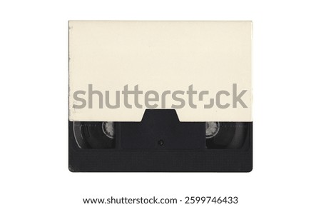 Composition with VHS videocassette partially inside an empty cover sleeve, mockup on white background