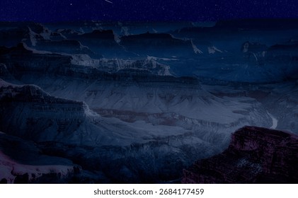 composition view of the huge rock formations , valley and Colorado river passing through the Grand Canyon at night