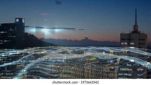 Composition of waves of binary coding over cityscape. global data processing and digital interface concept digitally generated image.
