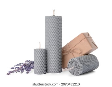 Composition With Wax Candles, Gift Box And Lavender Flower On White Background