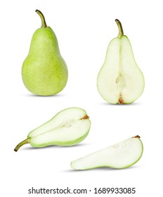 Composition of whole and chopped green pear on a white isolated background. Clipping path. An element of your design. - Shutterstock ID 1689933085