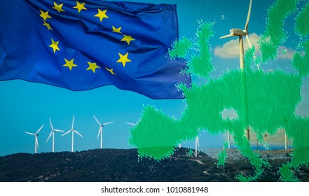 Composition With Wind Turbines, EU Flag And EU Green Map. EU Renewable Energy Directive