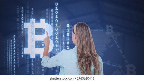 Composition of woman touching virtual screen with bitcoin symbol and binary coding. global connections, data processing and technology concept digitally generated image.