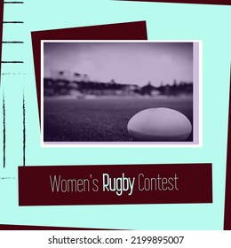 Composition Of Womens Rugby Contest Text Over Sports Stadium. Womens Rugby Contest And Celebration Concept Digitally Generated Image.