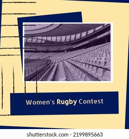 Composition Of Womens Rugby Contest Text Over Sports Stadium. Womens Rugby Contest And Celebration Concept Digitally Generated Image.