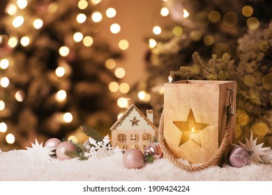 Composition With Wooden Christmas Lantern On Table. Bokeh Effect