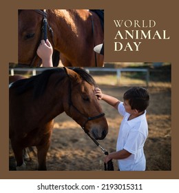 Composition Of World Animal Day Text Over Biracial Boy Petting Horse On Brown Background. World Animal Day And Celebration Concept Digitally Generated Image.