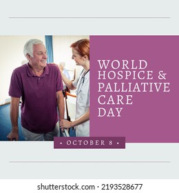 Composition of world hospice and palliative care day text over caucasian doctor talking with patient. World hospice and palliative care day and celebration concept digitally generated image. - Powered by Shutterstock
