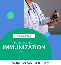 Composition of world immunization week text and biracial female doctor writing. World immunization week and health awareness concept digitally generated image. - Powered by Shutterstock
