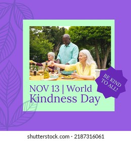 Composition Of World Kindness Day Text Over Diverse People Having Dinner In Garden. World Kindness Day, Togetherness And Family Concept.