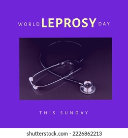 Composition of world leprosy day text with stethoscope and purple background. World leprosy day, healthcare and disease awareness concept digitally generated   - Powered by Shutterstock