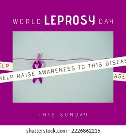 Composition of world leprosy day text with purple ribbon and purple background. World leprosy day, healthcare and disease awareness concept digitally generated   - Powered by Shutterstock