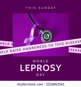 Composition of world leprosy day text with stethoscope, purple ribbon and purple background. World leprosy day, healthcare and disease awareness concept digitally generated video. - Powered by Shutterstock