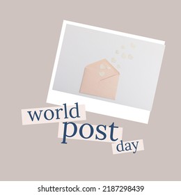 Composition of world post day text over card with envelope and hearts. World post day and celebration concept digitally generated image. - Powered by Shutterstock