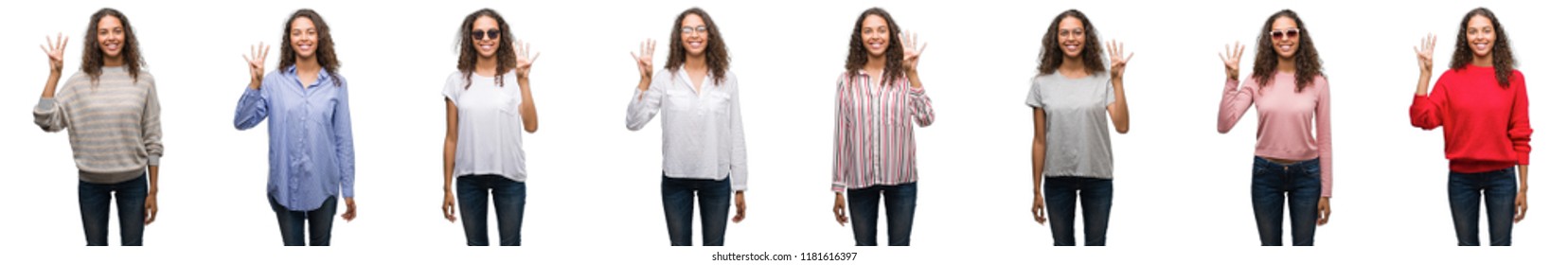 Composition of young brazilian woman isolated over white background showing and pointing up with fingers number four while smiling confident and happy. - Shutterstock ID 1181616397
