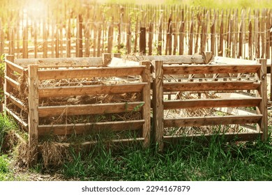 Compost Bin Double. Two Compost Container for Recycling Waste into Organic Fertilizer Humus. Community Composting and Zero Waste concept.